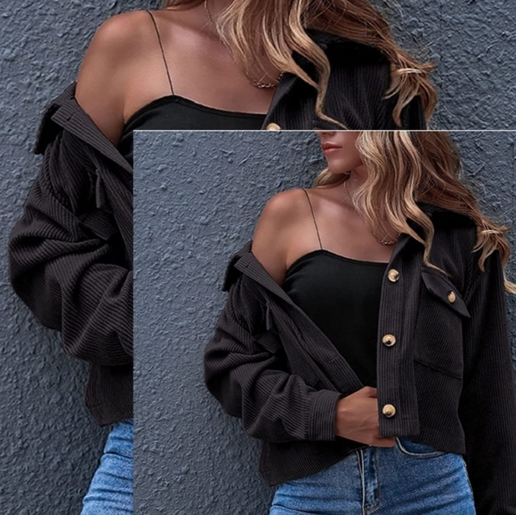 🌸BLACK Crop corduroy button up shirt jacket women - Picture 1 of 5